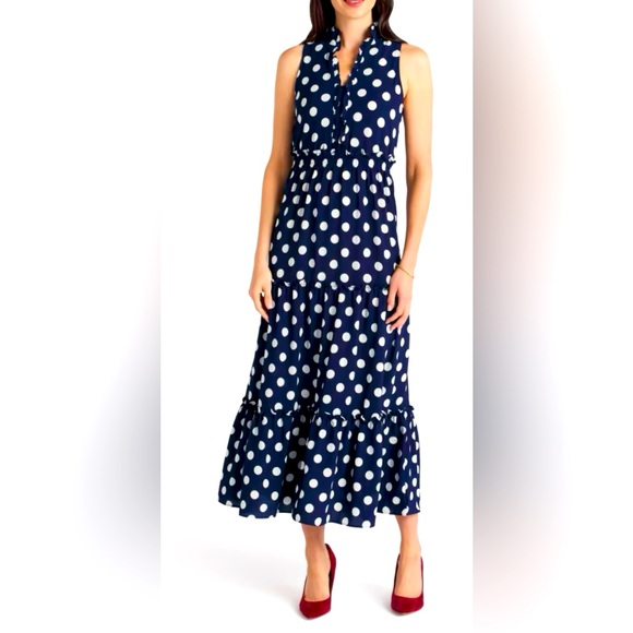 Ruffle Neck Maxi Dress with Polka Dots by London Times - Picture 1 of 6